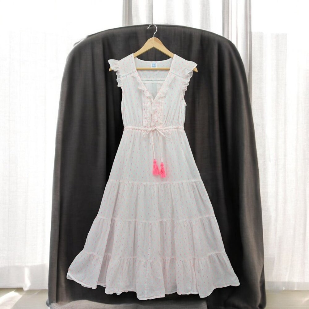 Mer St. Barth Giselle‎ Maxi Dress White Neon Pink Orange Embroidered Swiss Dot S
